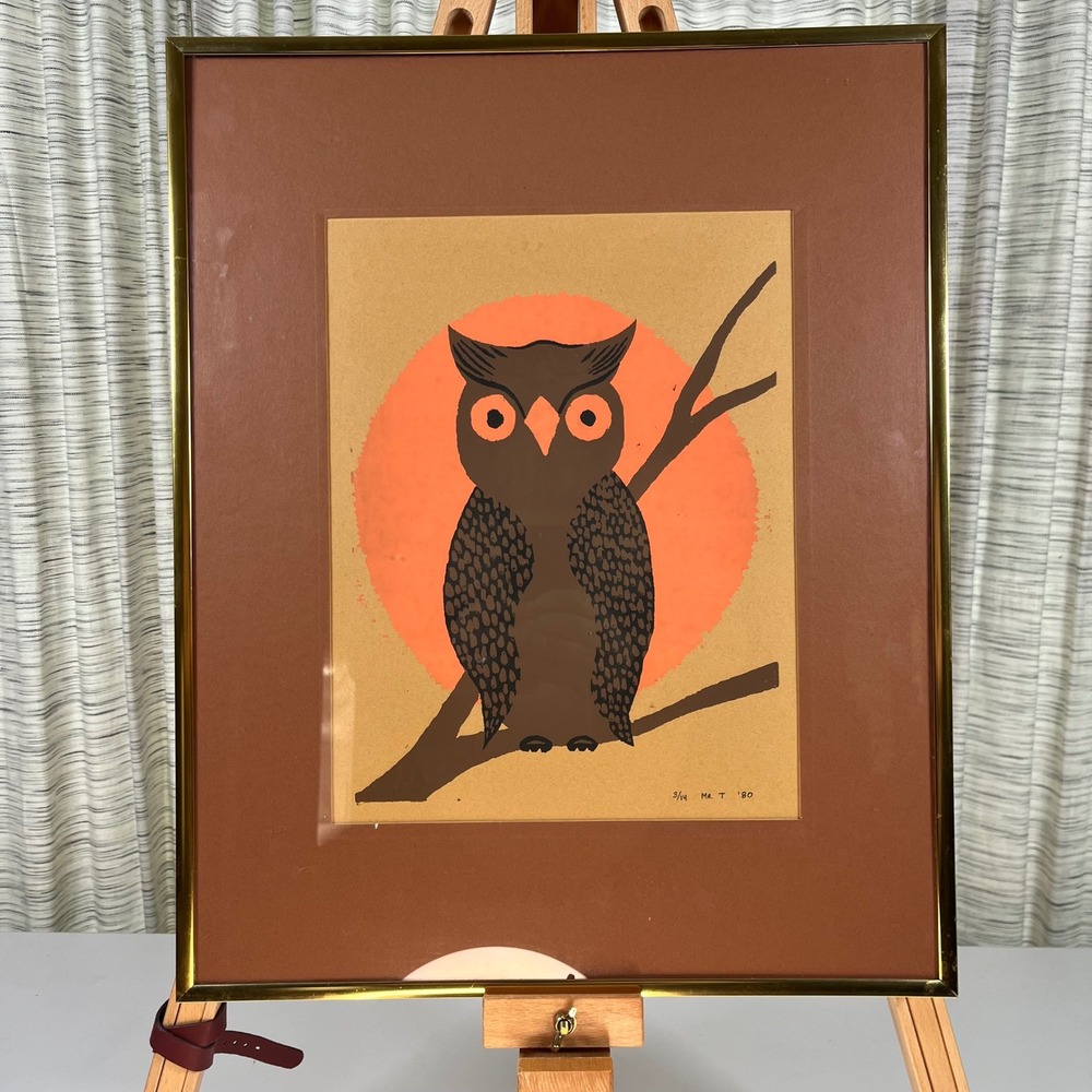 Mr. T Signed Owl Screen Print Brown Unisex OS 1980 Vintage Art EUC H 20" x W 16"